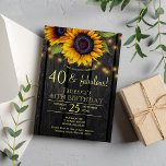 Invitation Tournesols or pays grange bois quarante fabuleux<br><div class="desc">Rustique pays quarantième anniversaire soirée élégante modèle sur le bois de grange brun foncé arrière - plan avec de grands bouquets de tournesols jaune or, cordes de lumières scintillantes et un script de typographie en faux or. Facile à personnaliser avec vos détails ! Vous pouvez choisir de le customiser en...</div>