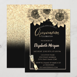 Invitation Tournesols Pailletés Or, Verre à Vin Quinceanera