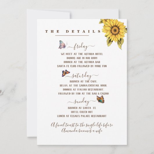 Invitation Tournesols Papillon Élégant Week-end de l'Enterrem (Dos)
