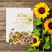 Invitation Tournesols papillons 80e fête d'anniversaire