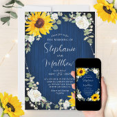 Invitation Tournesols Roses blanches Lumières Marine Mariage