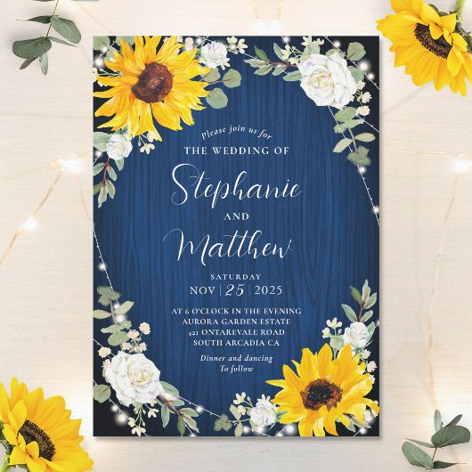 Invitation Tournesols Roses blanches Lumières Marine Mariage