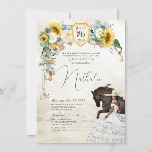 Invitation Tournesols Roses blanches Ouest Charro Quinceanera (Devant)