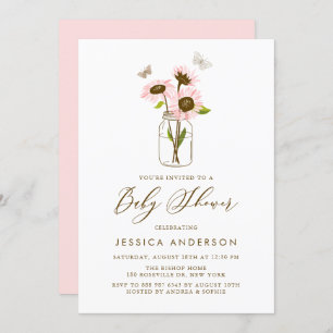 Invitation Tournesols roses dans le Baby shower Mason Jar