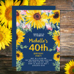 Invitation Tournesols Roses roses bleu marine 40e anniversair<br><div class="desc">Des tournesols jaunes aux couleurs vives et des roses roses roses sur l'invitation à la fête du 40e anniversaire bleu marine pour les femmes. Le texte est personnalisable pour n'importe quel âge, printemps ou été que vous planifiez. Agréable pour un pique-nique d'anniversaire ou une fête de jardin. Contactez-moi si je...</div>