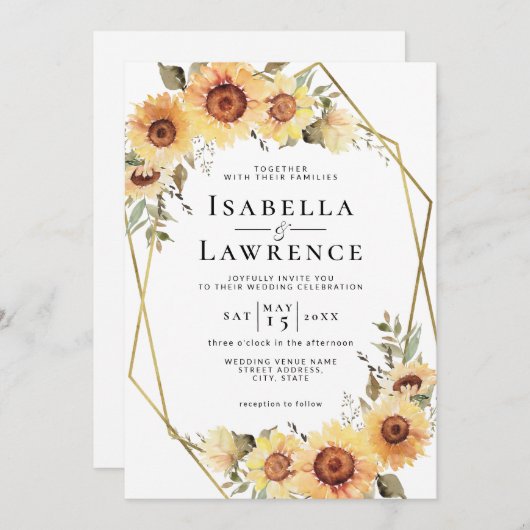 Invitation Tournesols Rustique Boho Floral Mariage or (Devant / Derrière)