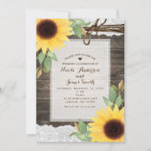 Invitation Tournesols Rustique Bois & Dentelle Mariage Champ (Devant)