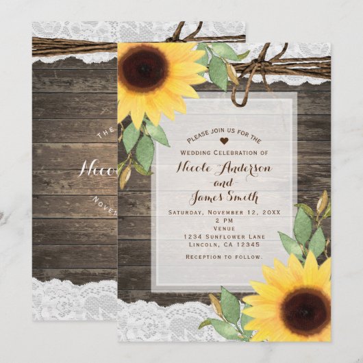 Invitation Tournesols Rustique Bois & Dentelle Mariage Champ (Devant / Derrière)