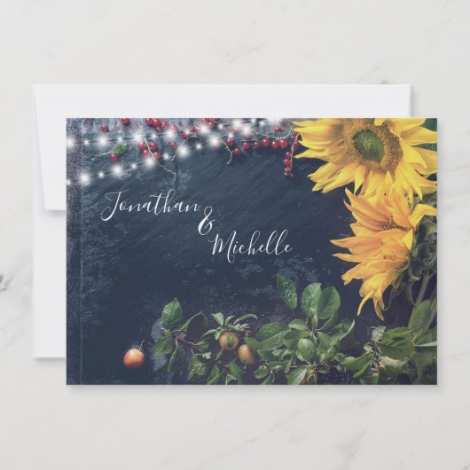 Invitation Tournesols Rustiques, Ardoise, Lumières Sauvez Not (Dos)