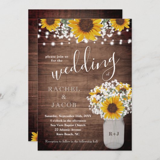 Invitation Tournesols Rustiques Baby Respire Jar Lumières Mar (Devant / Derrière)