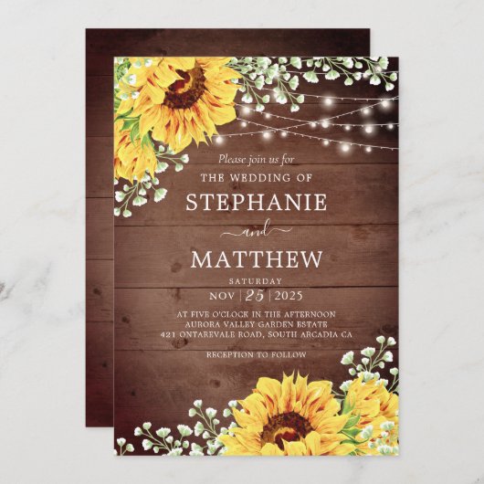 Invitation Tournesols rustiques Babys Mariage (Devant / Derrière)