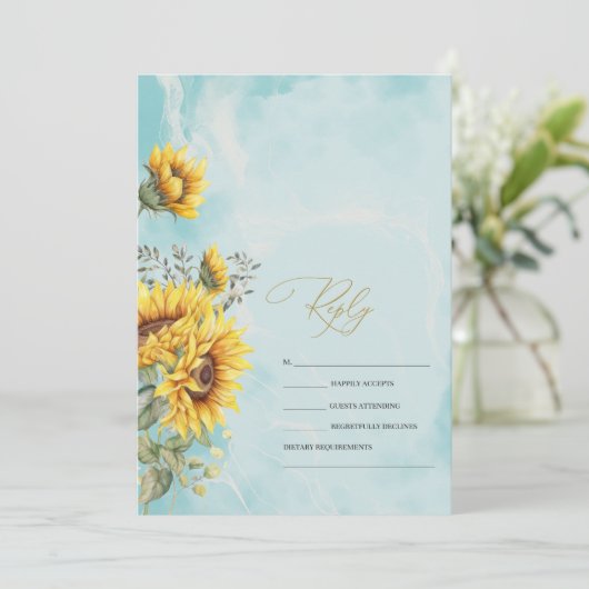 Invitation Tournesols rustiques bleu RSVP (Debout devant)
