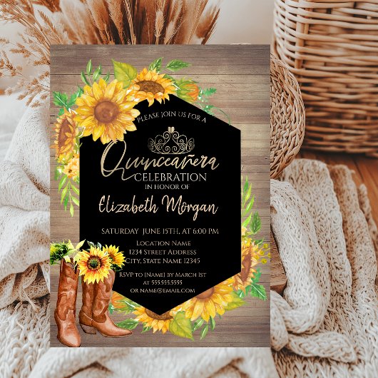 Invitation Tournesols rustiques Bois Quinceañera