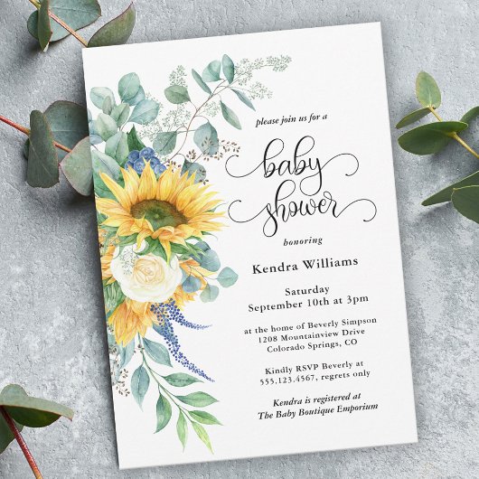 Invitation Tournesols rustiques et Baby shower Floral Rose