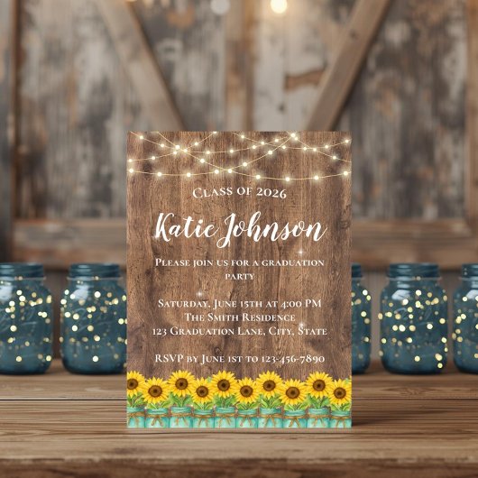 Invitation Tournesols Rustiques et Pot de Fleurs en Verre Ble
