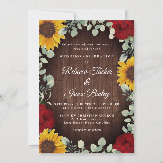 Invitation Tournesols rustiques Eucalyptus Mariage en bois ro (Devant)