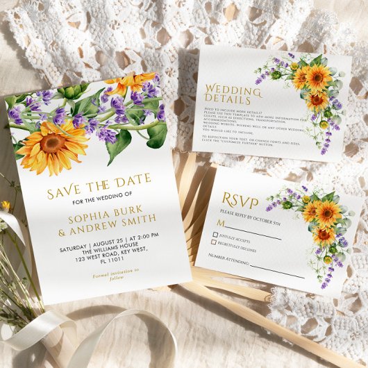 Invitation Tournesols rustiques & Lavander Enregistrer la dat