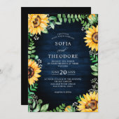Invitation Tournesols rustiques Mariage bleu marine (Devant / Derrière)