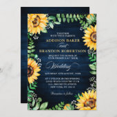 Invitation Tournesols rustiques Mariage bleu marine (Devant / Derrière)