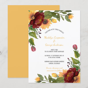 Invitation Tournesols rustiques Mariage floral bordeaux et ja
