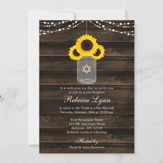 Invitation Tournesols rustiques Mason Jar Barn Bat mitzvah en (Devant)