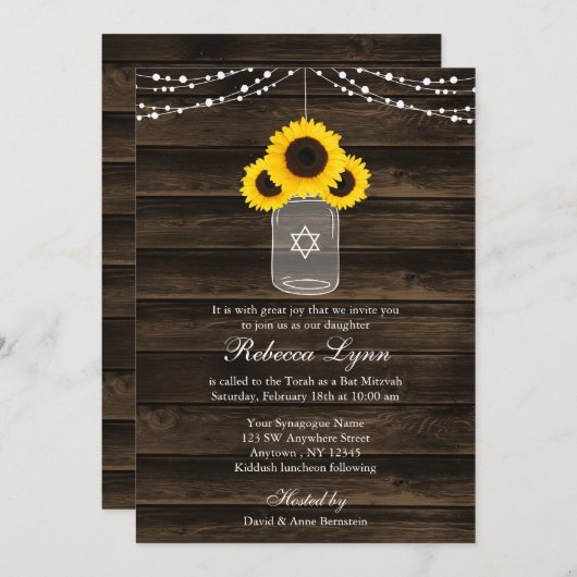 Invitation Tournesols rustiques Mason Jar Barn Bat mitzvah en (Devant / Derrière)