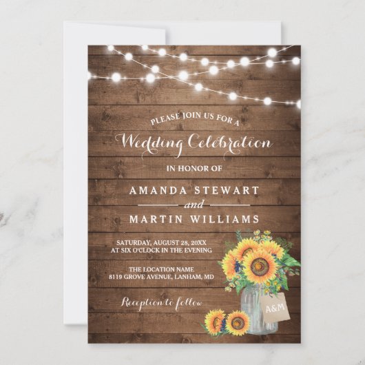 Invitation Tournesols rustiques Mason Jar String Mariage (Devant)