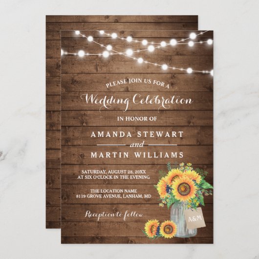 Invitation Tournesols rustiques Mason Jar String Mariage (Devant / Derrière)