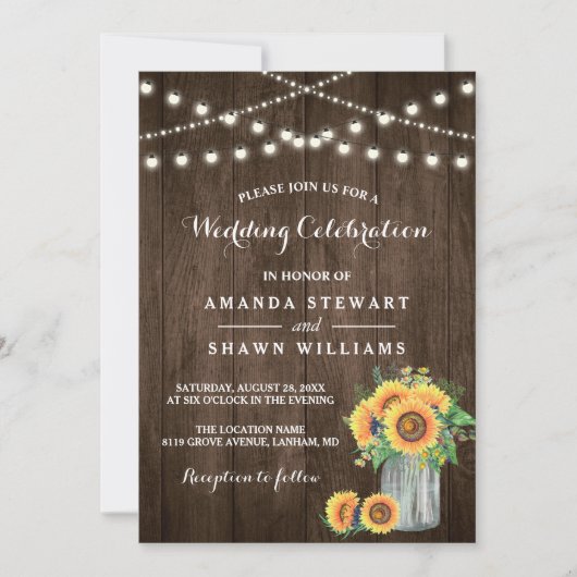 Invitation Tournesols rustiques Mason Jar String Mariage (Devant)