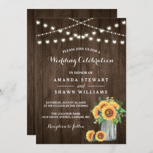 Invitation Tournesols rustiques Mason Jar String Mariage (Devant / Derrière)