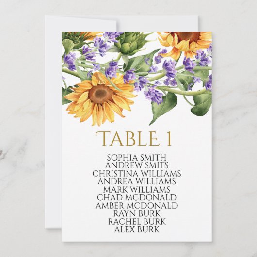 Invitation Tournesols Tableau Numéro 1 Tableau de sièges (Dos)