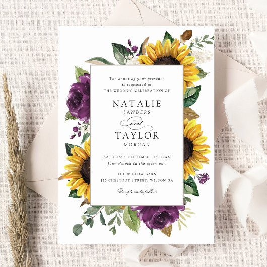 Invitation Tournesols vert pourpre Floral Rustique Mariage