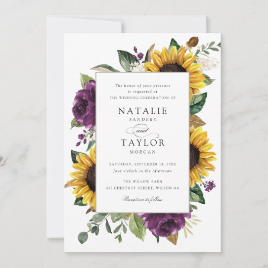 Invitation Tournesols vert pourpre Floral Rustique Mariage (Devant)