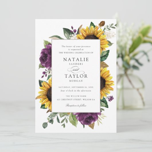 Invitation Tournesols vert pourpre Floral Rustique Mariage (Debout devant)