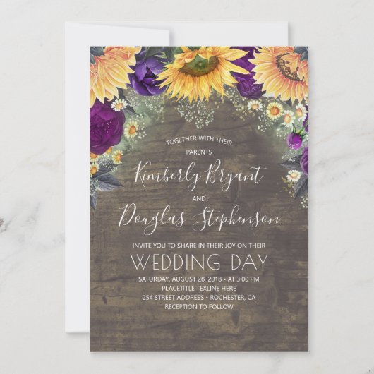 Invitation Tournesols violets Roses marguerites Mariage rusti (Devant)
