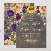 Invitation Tournesols violets Roses marguerites Mariage rusti (Devant / Derrière)