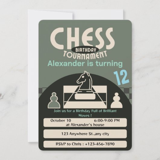 Invitation Tournoi d'échecs Anniversaire Soirée Vert Thème Je (Devant)