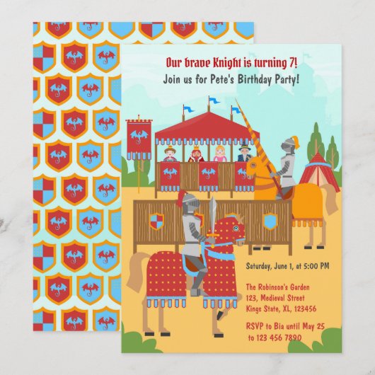Invitation Tournoi médiéval des Chevaliers Garçon fête d'anni (Devant / Derrière)