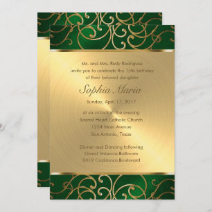 Invitation Tournois de Filigree vert et or de Quinceanera Eme