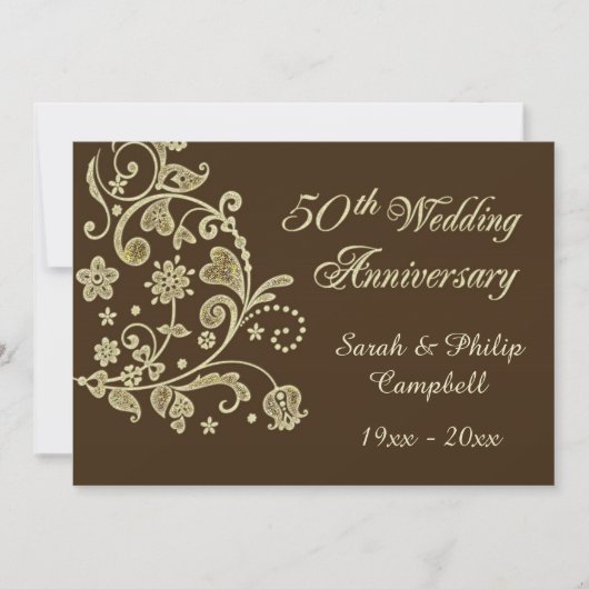 Invitation Tournoyants floraux dorés, cœurs 50e anniversaire  (Devant)