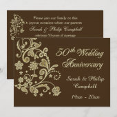 Invitation Tournoyants floraux dorés, cœurs 50e anniversaire  (Devant / Derrière)