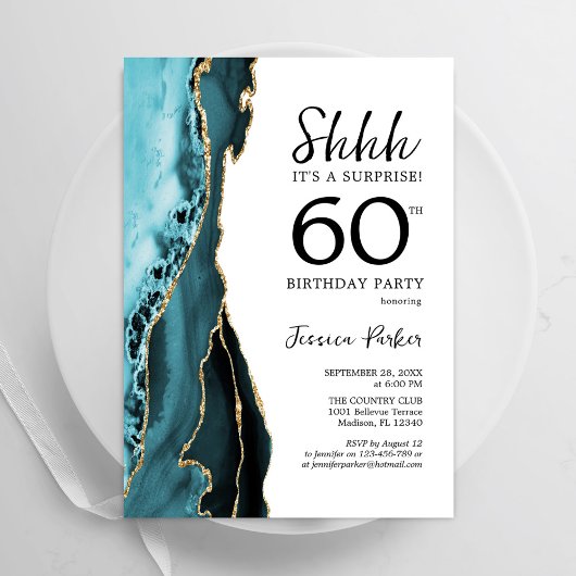 Invitation Tourquoise Agate Or blanc Surprise 60e anniversair