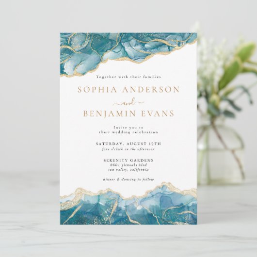 Invitation Tourquoise Gold Agate Mariage moderne (Debout devant)