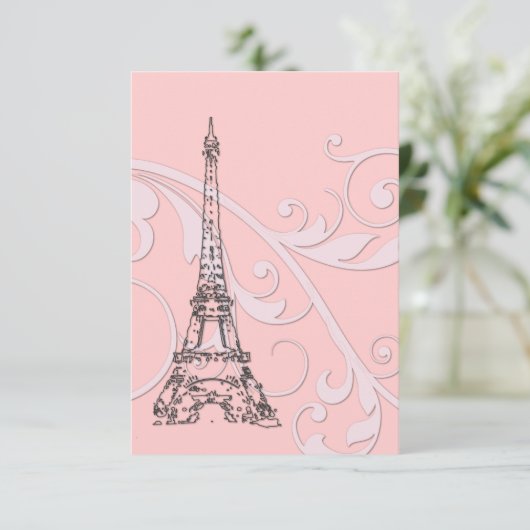 Invitation Tours Eiffel et parchemins roses (Debout devant)