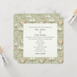 Invitation Tourterelles de mariage et rubans vert sauge