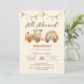 Invitation Tous à bord Boho Wood Train Anniversaire de enfant (Debout devant)
