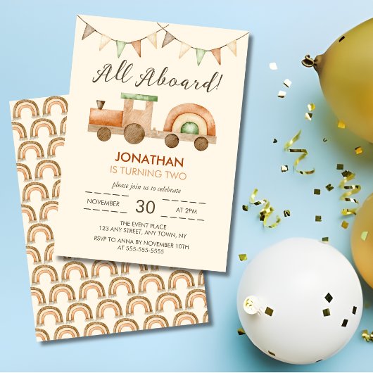 Invitation Tous à bord Boho Wood Train Anniversaire de enfant