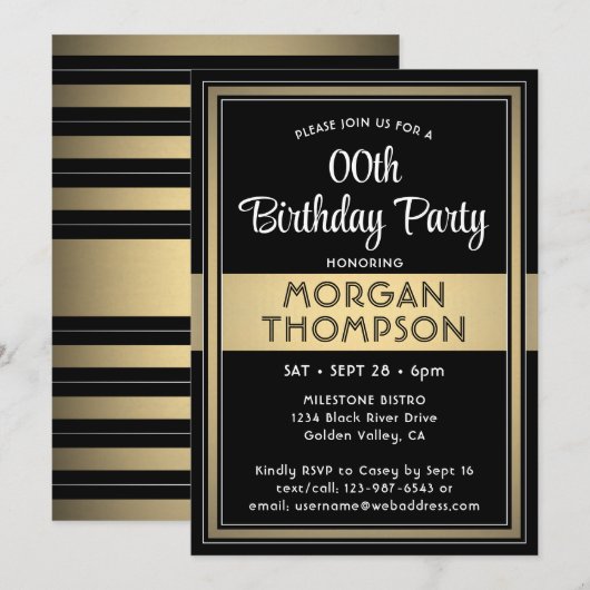 Invitation Tous Anniversaire Elegant Noir, Blanc et Gold Part (Devant / Derrière)