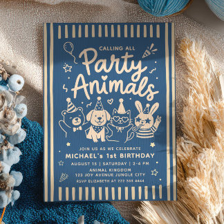 Invitation Tous les animaux de la fête ZOO Bleu 1er Anniversa