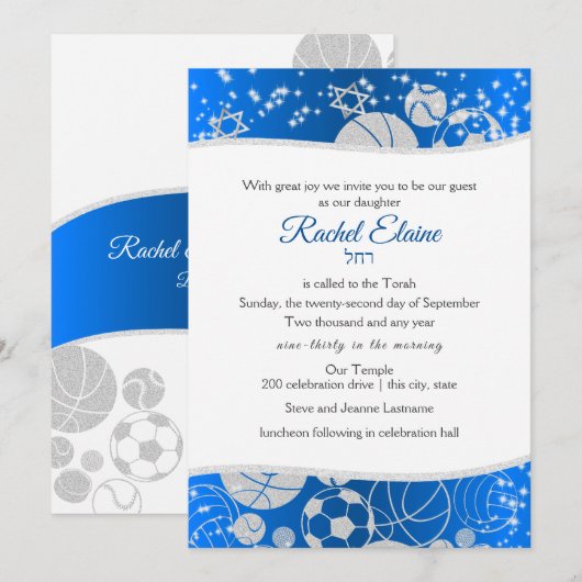 Invitation Tous les Bat mitzvah sportifs Silver et Blue (Devant / Derrière)